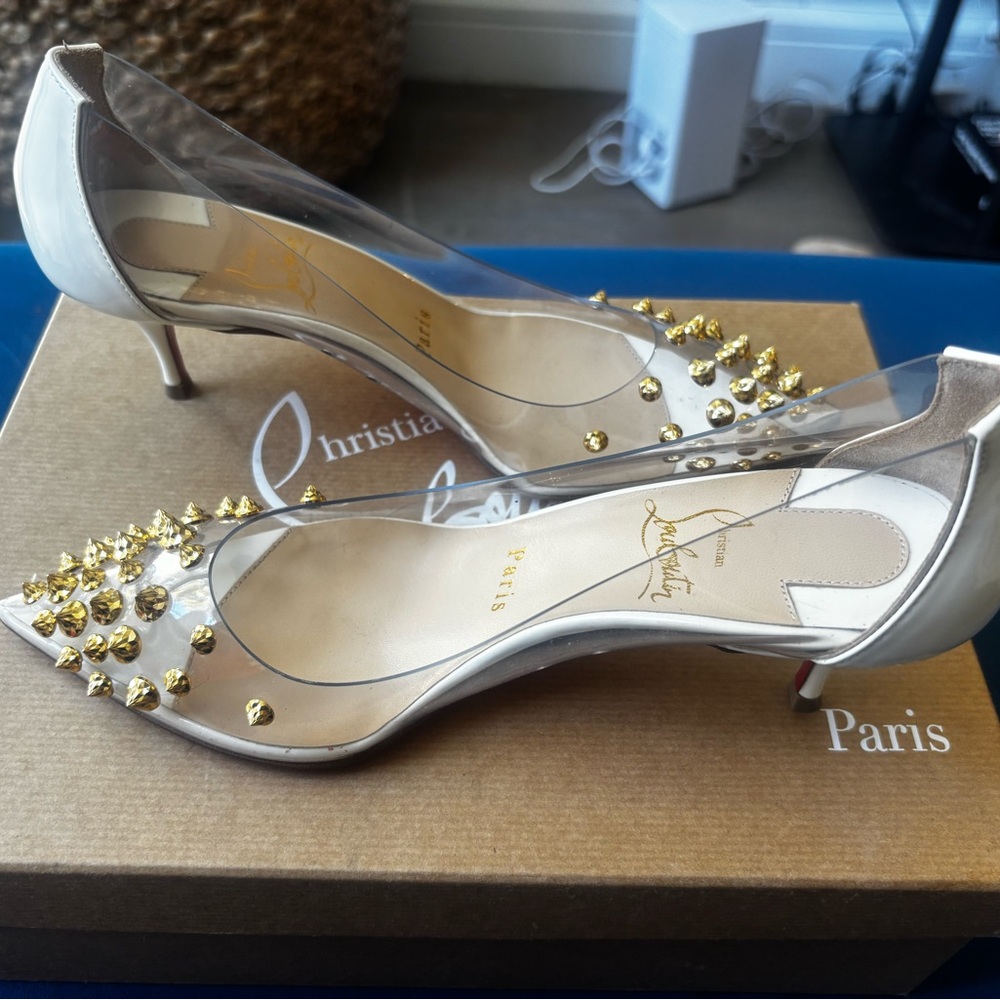 Christian Louboutin Gold and Clear Studded Heels